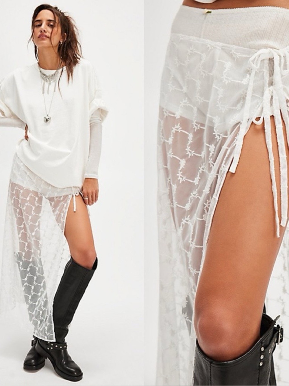 Free People White Sheer Lace Maxi Skirt High Slit Tie Waist Boho Festival